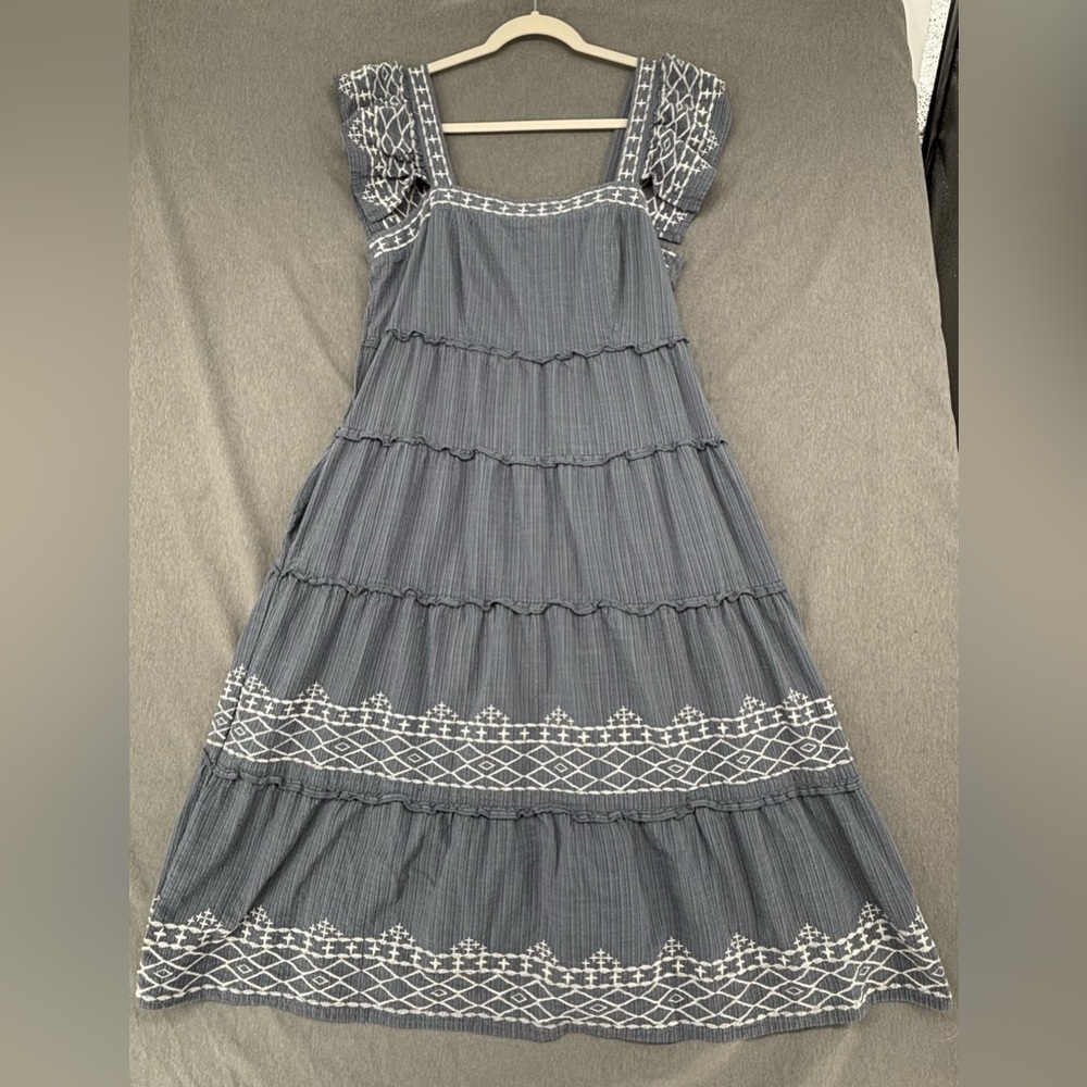 Knox Rose Steel Shore Blue Embroidered Tiered Midi Dress M Ruffle Pockets